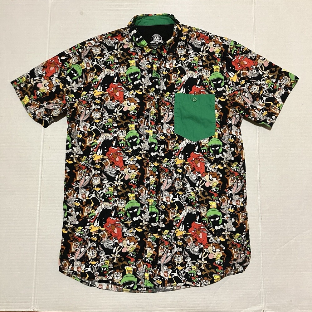 Warner Bros Looney Tunes Button Up Shirt Mens Medium All Over Print Short Sleeve - Picture 1 of 6
